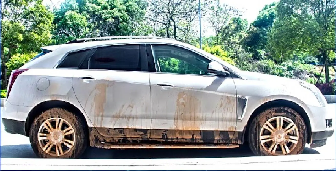 Car covered in mud before detailing